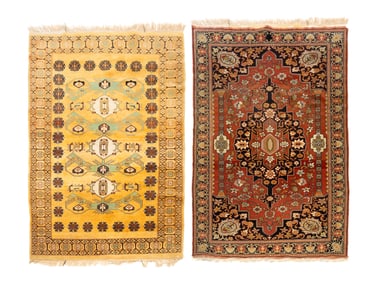 TWO ORIENTAL HAND-KNOTTED WOOL SCATTER RUGS.