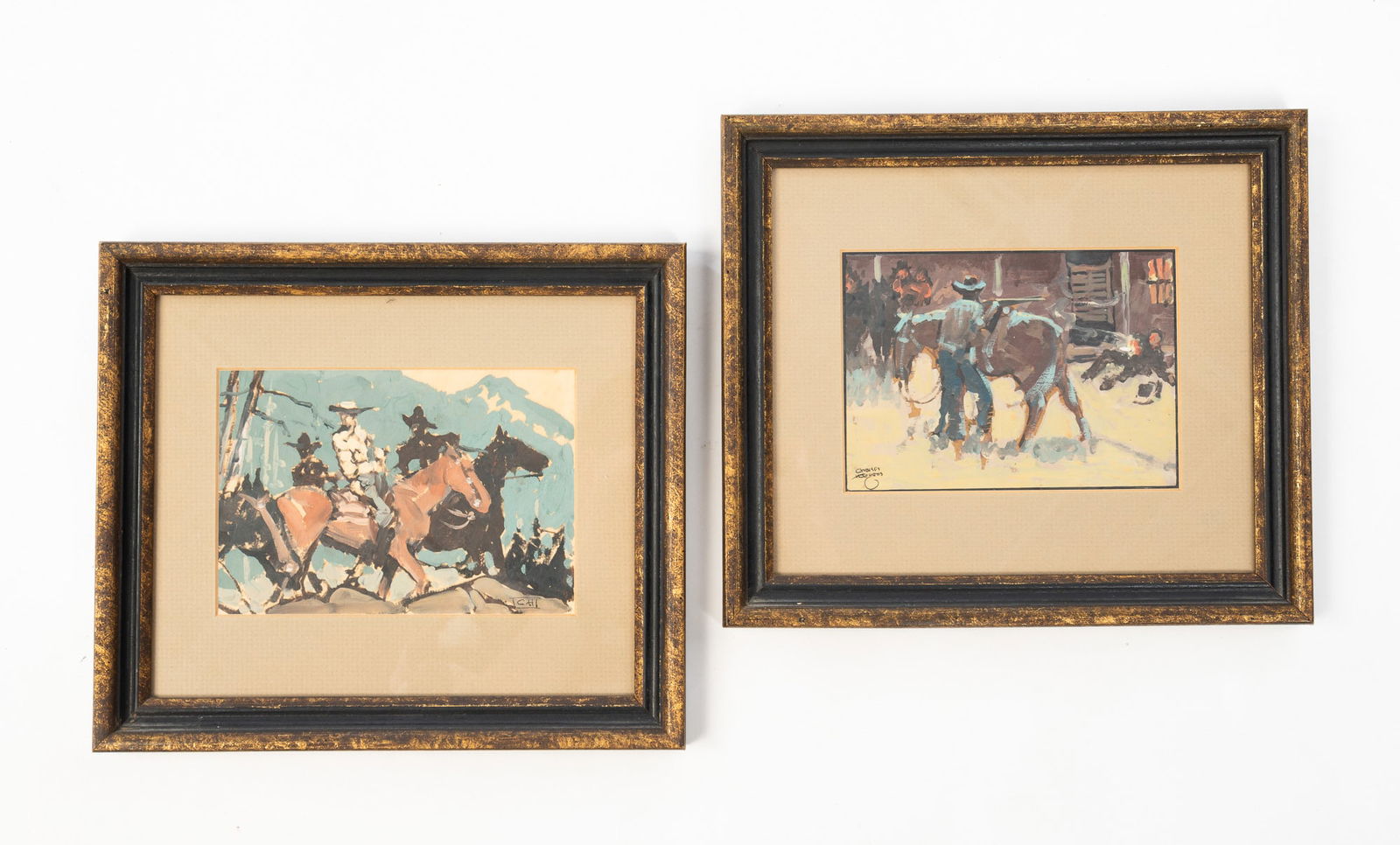TWO CHARLES HARGENS (AMERICAN, 1893-1997) OIL ON BOARD PAINTINGS OF COWBOYS.: Charles Hargens (American, 1893-1997), 20th Century. Oil on artist board. One of cowboys on horseback and the second of cowboys in a gun fight. Signed lower left "Charles Hargens"and the other initial