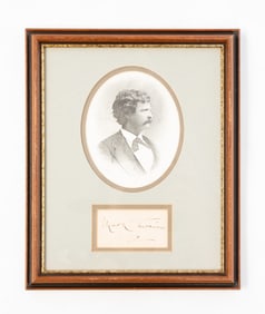 MARK TWAIN (SAMUEL CLEMENS, AMERICAN,1835-1910) SIGNATURE AND ENGRAVED PORTRAIT BY J.A.J. WILCOX