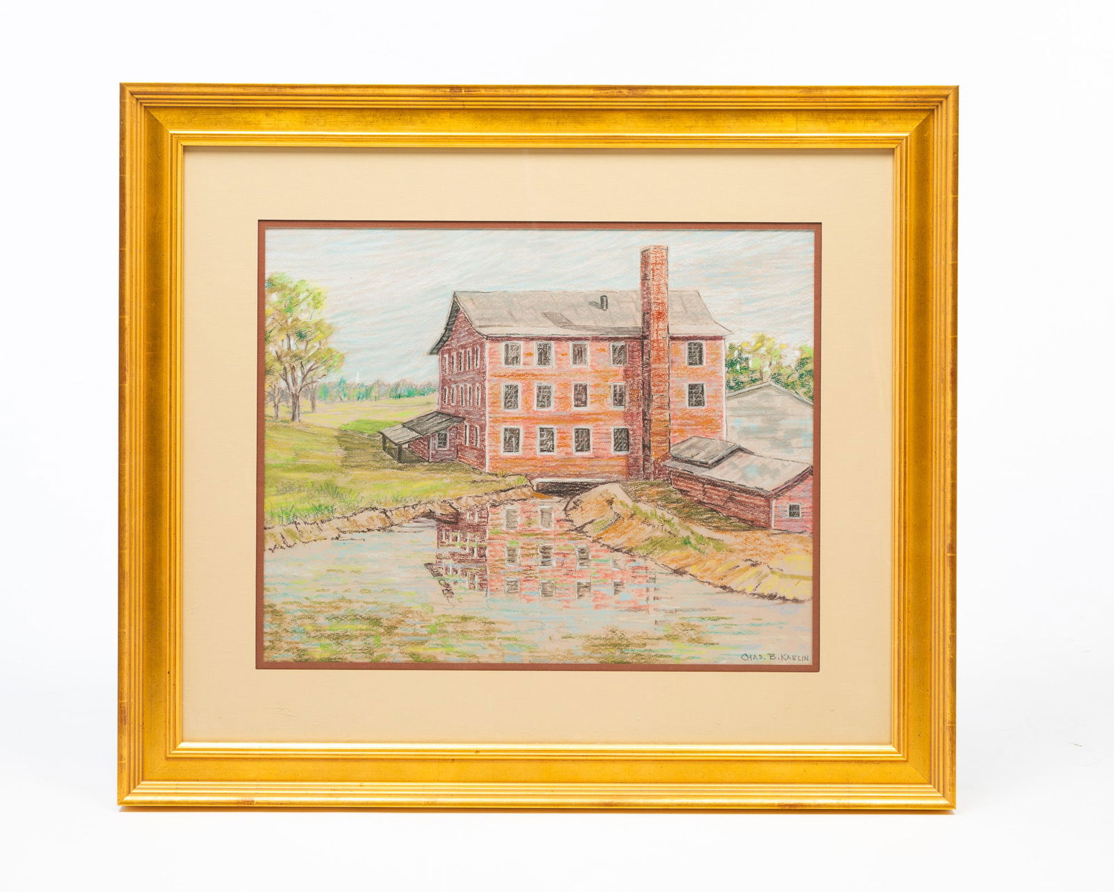CHARLES B. KAELIN (AMERICAN, 20TH/21ST CENTURY) PASTEL ON PAPER OF A MILL.: Charles B. Kaelin (American, 20th/21st Century). Pastel on paper. Depicting a large brick mill reflected in water, signed lower right, framed in a contemporary giltwood frame. Sight, 15.25"h. 19.25"w.
