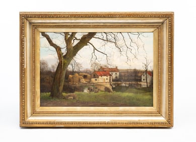 ATTRIBUTED TO ROBERT CLARKSON (ENGLISH, 1853-1924) OIL ON CANVAS OF SCENIC FARM LANDSCAPE.