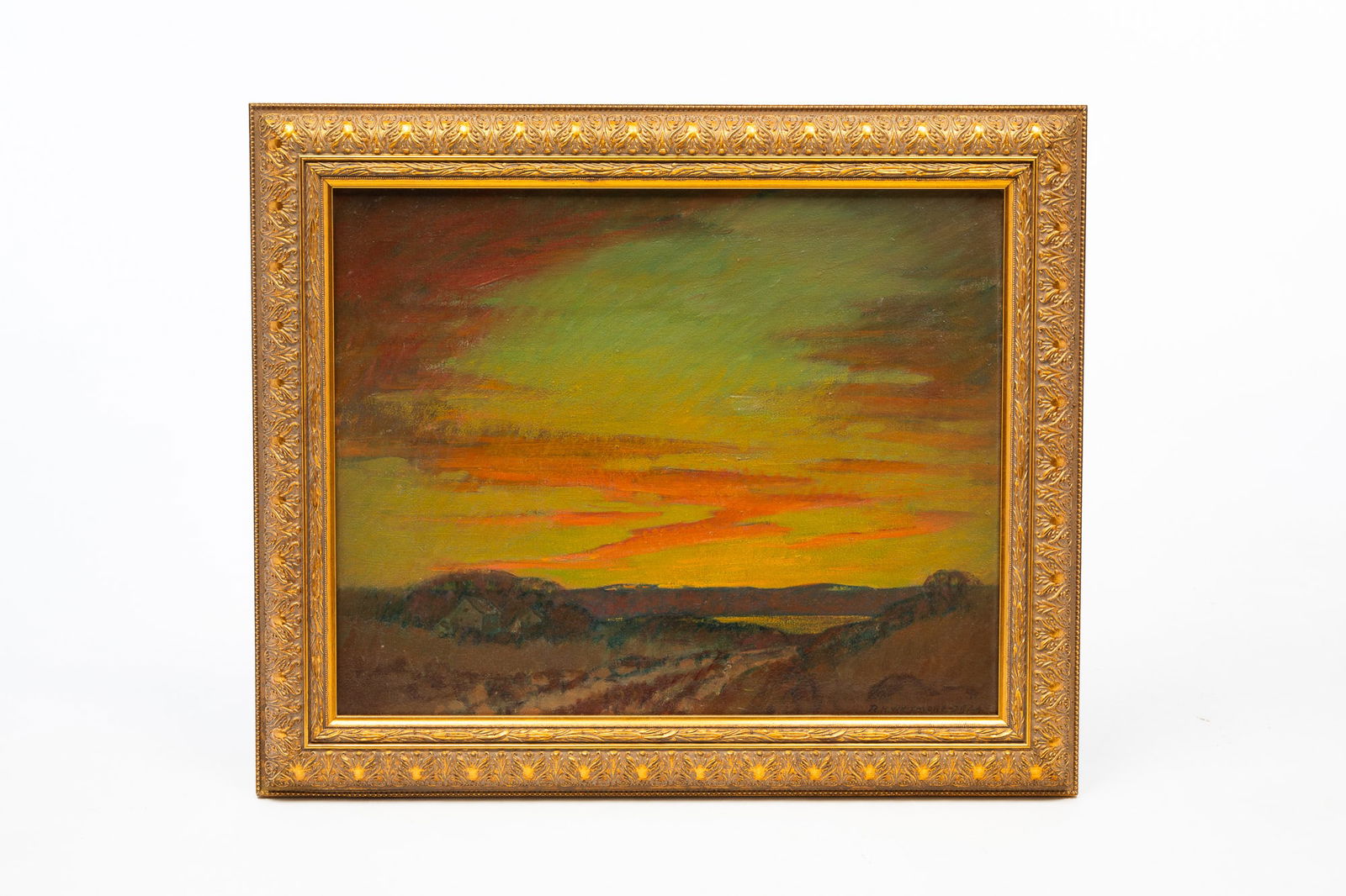 ROBERT HOUSTON WHITMORE (OHIO, 1890-1979) OIL ON BOARD OF EAST ORLEANS, MASSACHUSETTS.: Robert Hudson Whitmore (Ohio, 1890-1979), dated 1924. Oil on board. Depicting a sunrise over a field with houses in the distance, signed "R.H. Whitmore 1924" at lower right. In a contemporary giltwood