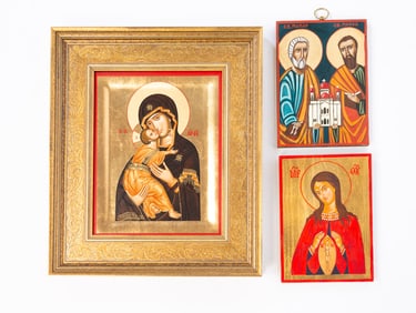 THREE CONTEMPORARY EASTERN EUROPEAN RELIGIOUS ICONS ON BOARD.