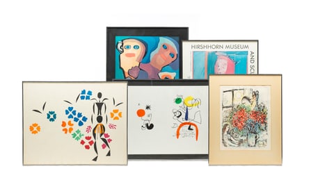 FIVE FRAMED ART POSTERS.