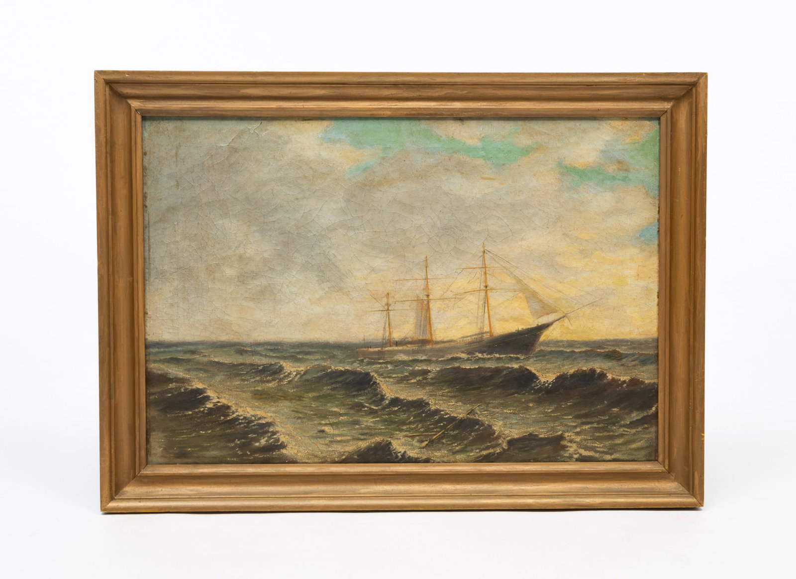 AMERICAN SCHOOL OIL ON CANVAS OF SEASCAPE WITH MASTED SHIP.: American, Late 19th Century. Oil on canvas. Masted boat on choppy waters with a vast expanse background. 15"h. 22"w. In a gilt frame, 18.25"h. 25"w.