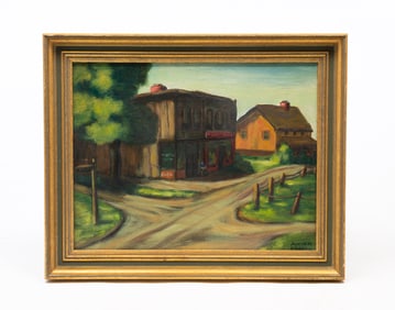 MIRIAM R. FRASCH (COLUMBUS, OHIO, ACTIVE 20TH CENTURY) OIL ON CANVAS OF STREET SCENE.