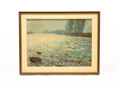 IMPRESSIONISTIC OIL ON BOARD OF WATERSCAPE.