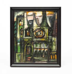 RICHARD PHIPPS (COLUMBUS, OHIO, 1928-2005) OIL ON BOARD OF CHURCH FACADE.