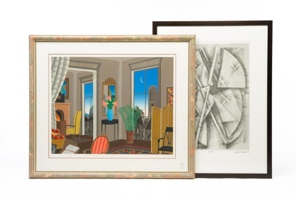 TWO OVERSIZED FRAMED PRINTS, INCL. THOMAS MCKNIGHT (AMERICAN, B. 1941) "THE LEFT BANK" SILKSCREEN.