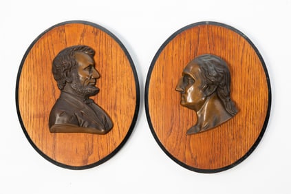 AMERICAN BRONZE PROFILE BUSTS OF LINCOLN AND WASHINGTON.