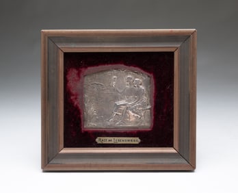 RENE BAUDICHON (FRENCH, 1876-1963) "REST ON THE PATH OF LIFE" SILVER-ON-BRONZE PLAQUE.