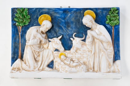 AFTER LUCA DELLA ROBBIA (ITALIAN, 1399-1481) GLAZED TERRACOTTA NATIVITY SCENE RELIEF PLAQUE.