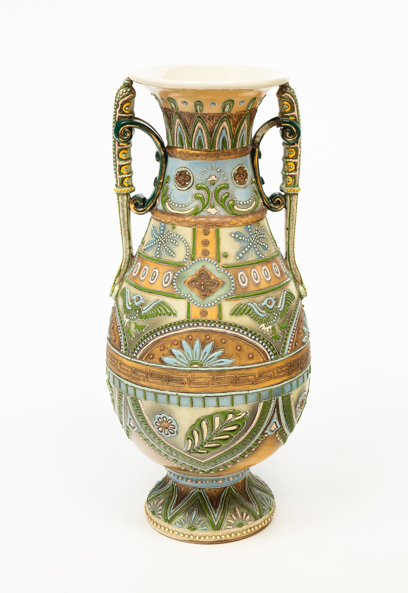 JAPANESE MORIAGA HANDLED VASE.: Japan, Late 19th Century. Amphora shape with foot and heavily enameled avian, floral and geometric decoration. 18"h.