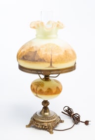 FENTON (WILLIAMSTOWN, WEST VIRGINIA) PAINTED GLASS TABLE LAMP.