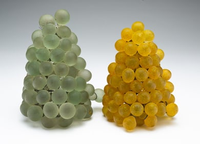 TWO ART GLASS GRAPE CLUSTER LIGHT SHADES.