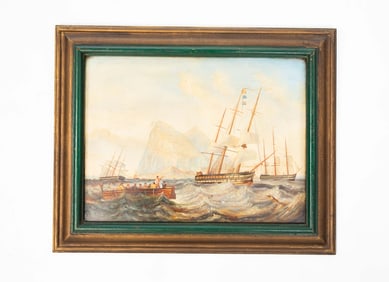 EUROPEAN SEASCAPE WITH ROCK OF GIBRALTER IN BACKGROUND.
