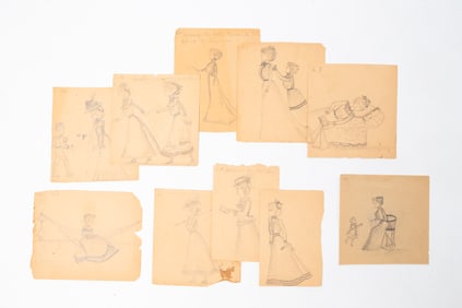 GROUP OF AMERICAN SCHOOL FOLK ART PENCIL SKETCHES.