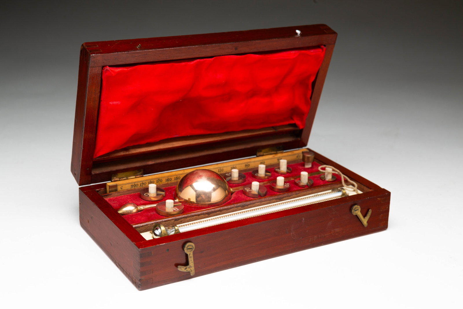 SIKES' HYDROMETER IN ORIGINAL BOX.: English, 19th Century. Hydrometer instruments in fitted wooden box. 2"h. 8"w. 4.25"d.