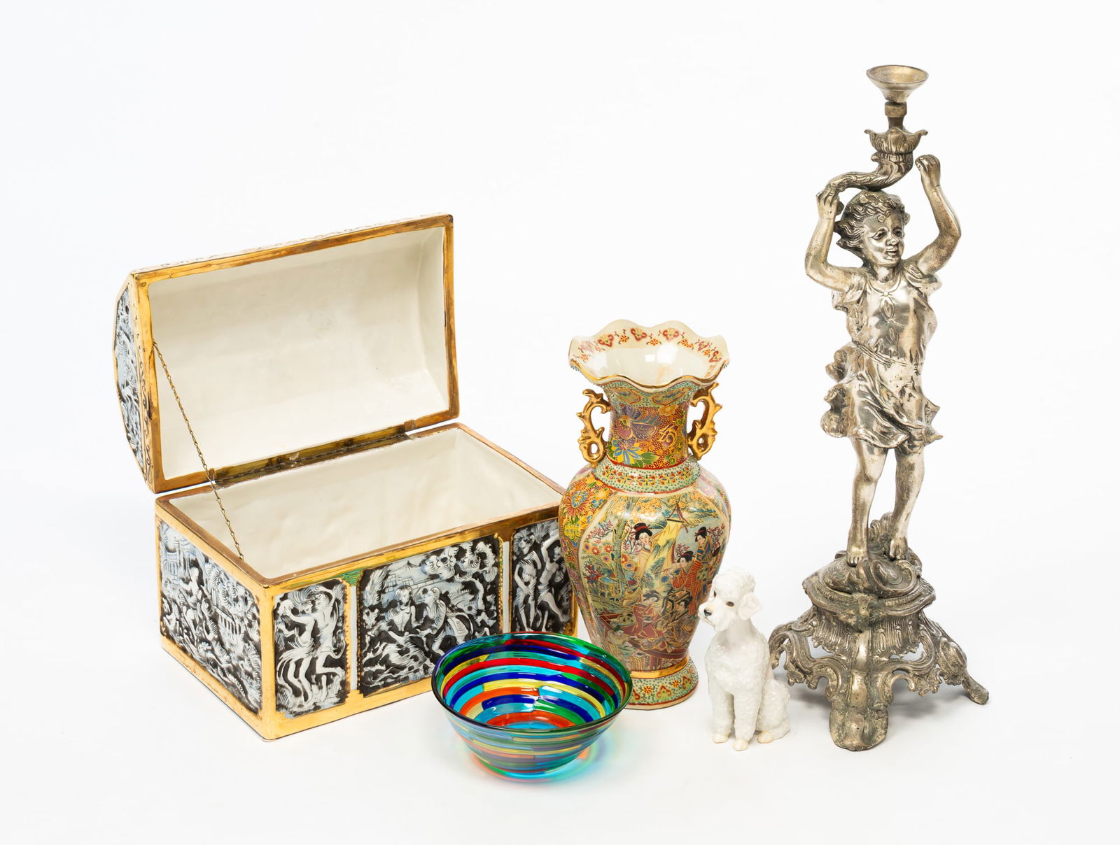 GROUP OF CONTINENTAL DECORATIVE ARTS.: Europe and Japan, 20th Century. Includes a Hutschenreuther porcelain seated poodle figurine, 6.25"h. A colorful Murano glass bowl, signed to bottom, 2.5"h. 6.5"d. A porcelain Capodimonte style casket
