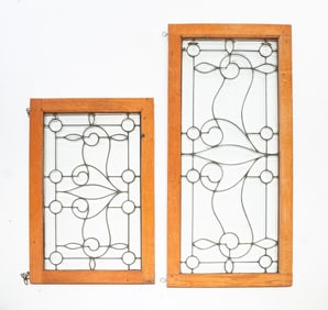 TWO AMERICAN BEVELED GLASS LEADED WINDOWS.