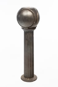 ASSEMBLED CAST IRON GAS METER SPHERE ON FLUTED ARCHITECTURAL COLUMN.