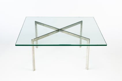 MIES VAN DER ROHE (1886-1969) FOR KNOLL MODERNIST CHROME AND GLASS TOP "BARCELONA" COFFEE TABLE.