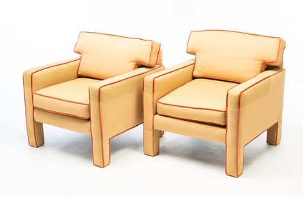 PAIR OF POSTMODERNIST CUSTOM-UPHOLSTERED PARSONS CHAIRS.