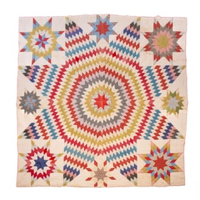 AMERICAN HAND-STITCHED PIECED STAR QUILT.