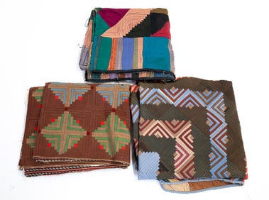 THREE AMISH "LOG CABIN" VARIATION QUILTS.