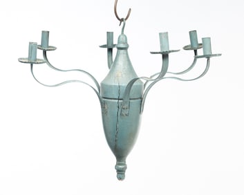 FOLKSY PAINTED WOOD AND TIN FIVE ARM CANDLE CHANDELIER.