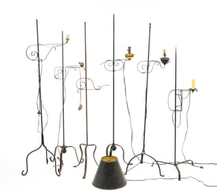 SIX WROUGHT IRON BRIDGE LAMPS.