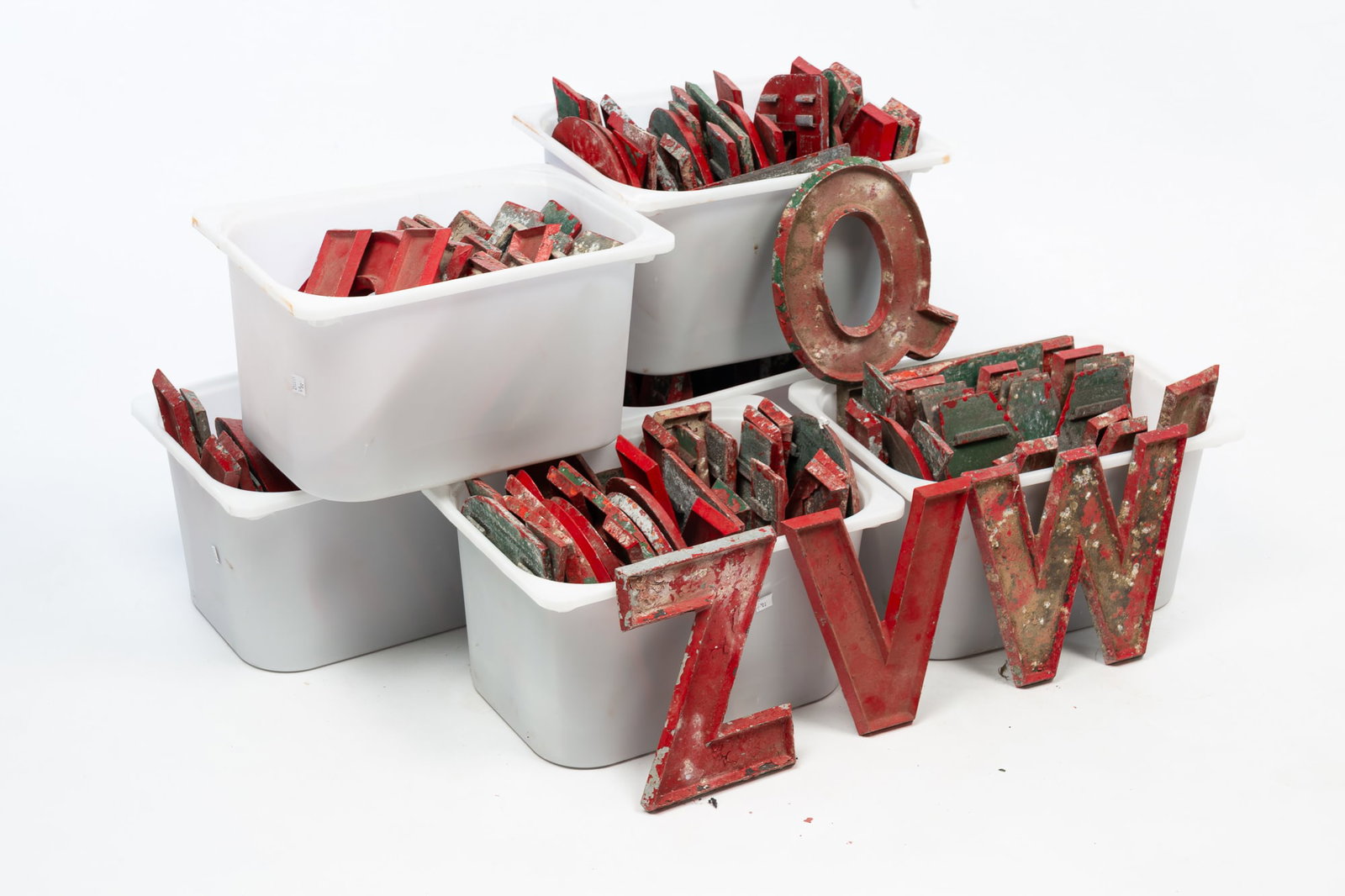LARGE GROUP OF ADLER SIGN CO. ALUMINUM MOVIE HOUSE LETTERS.: America (Chicago, Illinois), Early 20th Century. Large grouping of capital letters in red over green paint. Approximately 10"h.Provenance: From the Lifetime Collection of Chuck Auerbach.