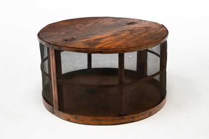 AMERICAN OAK, PINE, AND SCREEN-MOUNTED COUNTERTOP PIE SAFE.