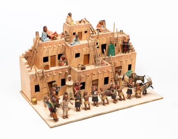 PAINTED WOOD MODEL OF A HOPI PUEBLO.
