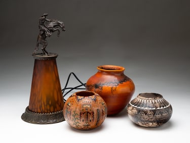 THREE NAVAJO POTTERY VESSELS, INCL. NANCY CHILLY AND VANESSA THOMPSON, PLUS "BRONCO BUSTER" STAINED
