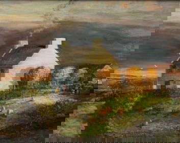 DAVID (JAMES) HILL (1926-2007) OIL ON CANVAS LANDSCAPE WITH A HOUSE.