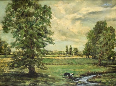 DAVID (JAMES) HILL (1926-2007) OIL ON CANVAS LANDSCAPE WITH BOY AND HIS DOG.