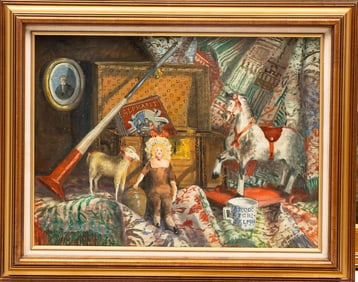 DAVID (JAMES) HILL (1926-2007) OIL ON CANVAS STILL LIVE WITH TOYS.