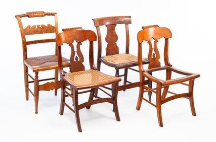 FOUR AMERICAN SIDE CHAIRS, INCL. PAIR OF TIGER MAPLE EXAMPLES.