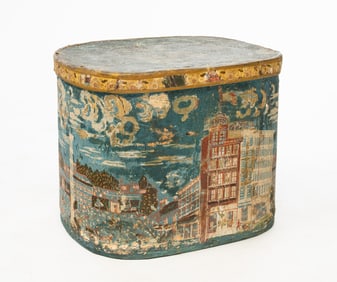 AMERICAN WALLPAPER BAND BOX DECORATED WITH BUILDINGS.