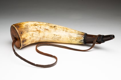 AMERICAN POWDER HORN ENGRAVED WITH IMAGES OF WOMEN.