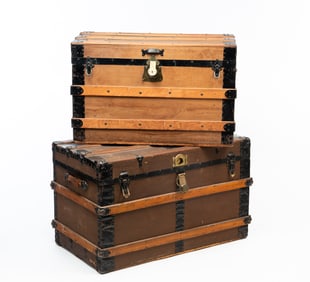 TWO LATE VICTORIAN METAL-BOUND AND SLATTED WOOD STEAMER TRUNKS.