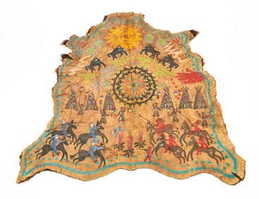 NATIVE AMERICAN PAINTED BUFFALO HIDE OF A WAR SCENE.