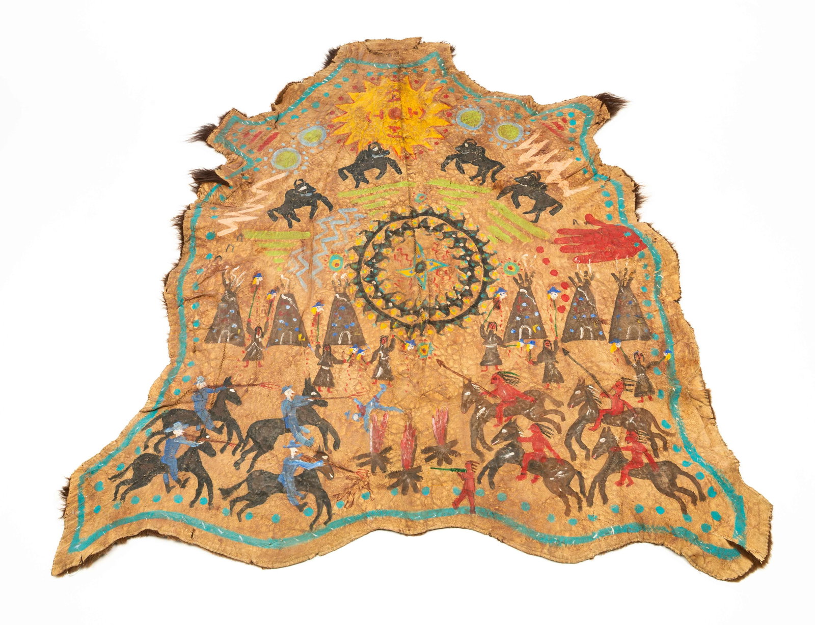 NATIVE AMERICAN PAINTED BUFFALO HIDE OF A WAR SCENE.: Native American, 20th Century. Polychrome pigment on pieced and sewn buffalo hide, depicting a sun and several buffalo above a central medallion, with Native American figures and tipis; the bottom wit