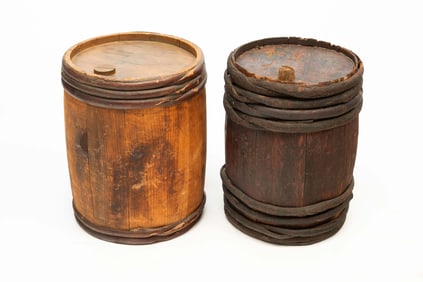 TWO AMERICAN BLACK POWDER KEGS.