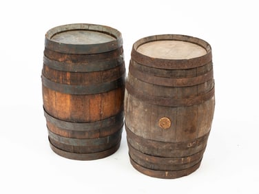 TWO AMERICAN BLACK POWDER KEGS.