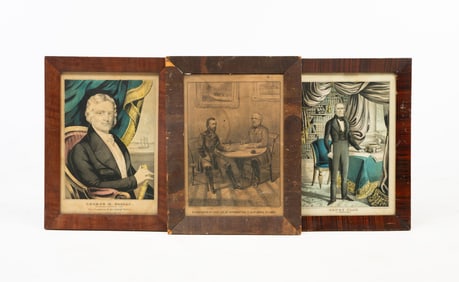 THREE FRAMED LITHOGRAPHS OF HISTORICAL FIGURES.