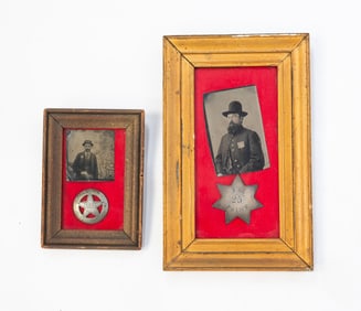 TWO FRAMED SHERIFF BADGES AND TIN TYPES.