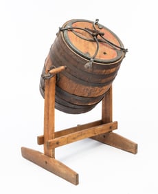 AMERICAN IRON-MOUNTED AND STAVED OAK BARREL BUTTER CHURN-ON-STAND.