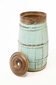 AMERICAN BLUE-PAINTED PINE BUTTER CHURN.